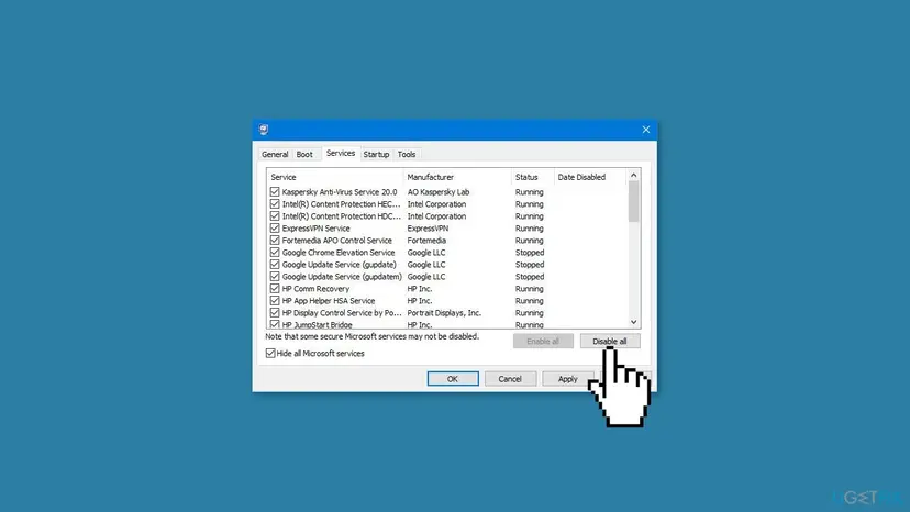 System Configuration window on the Services tab with Hide all Microsoft services ticked and the Disable all button selected for third-party services