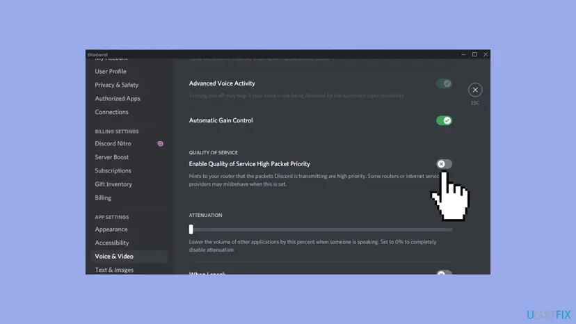 Discord Voice and Video settings with the Quality of Service High Packet Priority toggle switched off