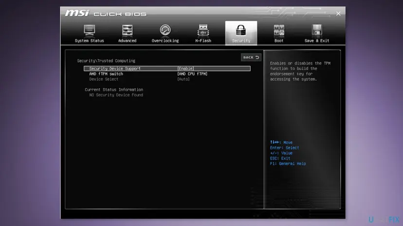 MSI Click BIOS Trusted Computing menu with Security Device Support set to Enable