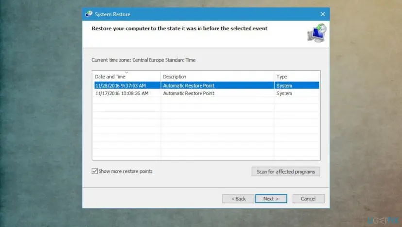 System Restore window listing two automatic restore points with date, description and type, Show more restore points ticked and Scan for affected programs button