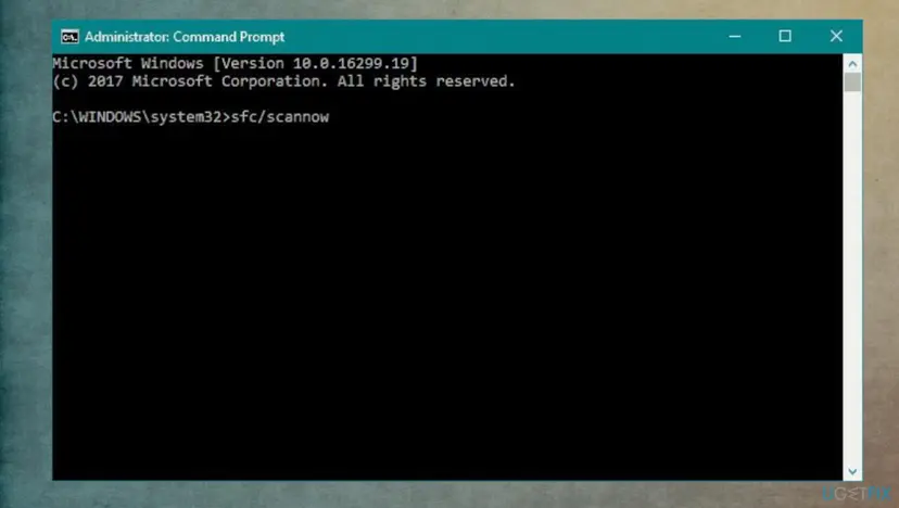 Administrator Command Prompt on Windows 10 with the sfc /scannow command typed at the C:\WINDOWS\system32 prompt