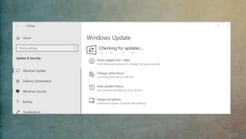 Windows 10 Settings, Update and Security, Windows Update page checking for updates, with pause, active hours, update history and advanced options