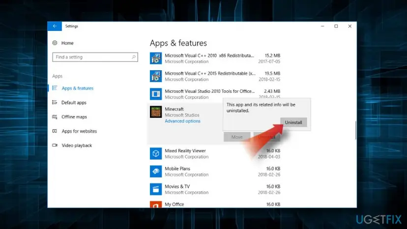 Windows 10 Settings, Apps and features with Minecraft selected and the confirmation This app and its related info will be uninstalled