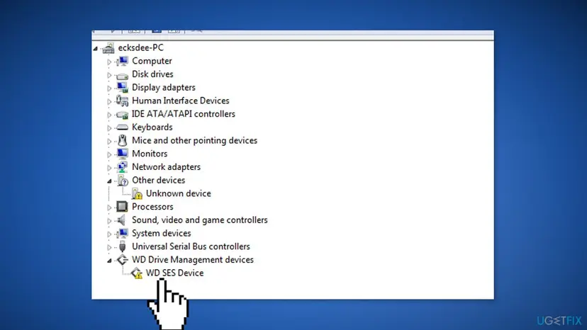 Device Manager tree with the WD Drive Management devices category expanded and a WD SES Device entry with a warning sign selected