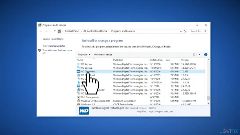Control Panel Programs and Features listing WD Access, WD Backup, WD Discovery and other Western Digital Technologies programs with WD Discovery selected