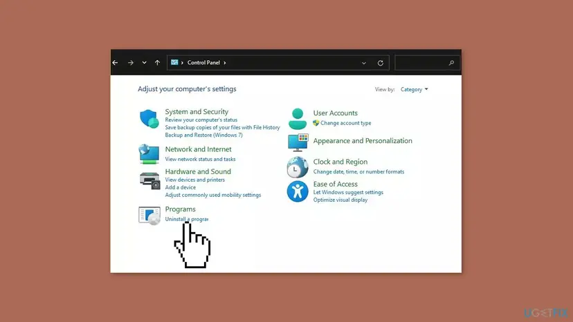 Windows Control Panel in Category view with the pointer on the Uninstall a program link under Programs, the way to remove Office 2024 and duplicate Office versions