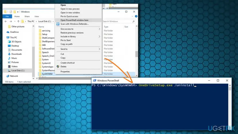 File Explorer in C:\Windows with SysWOW64 right-clicked and Open PowerShell window here, and PowerShell running OneDriveSetup.exe /uninstall