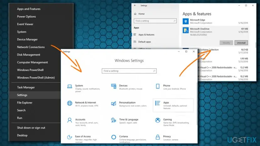 Windows 10 Settings opened from the Start button menu, Apps and features with Microsoft OneDrive selected and its Uninstall button