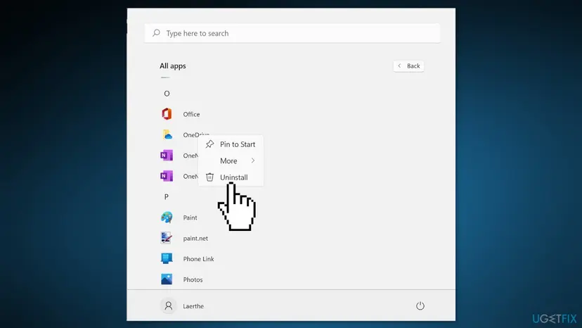 Windows Start menu app list with the OneDrive right-click menu open and Uninstall highlighted