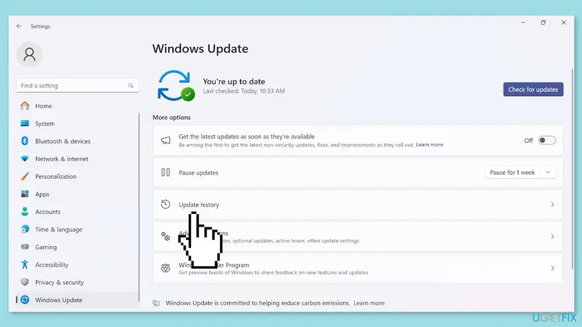 Windows 11 Settings, Windows Update page with the switch Get the latest updates as soon as they're available set to Off, above Pause updates and Update history