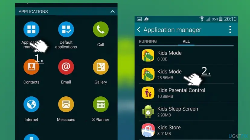 Old Samsung Galaxy Application manager listing Kids Mode, Kids Parental Control, Kids Sleep Screen and Kids Store with their sizes