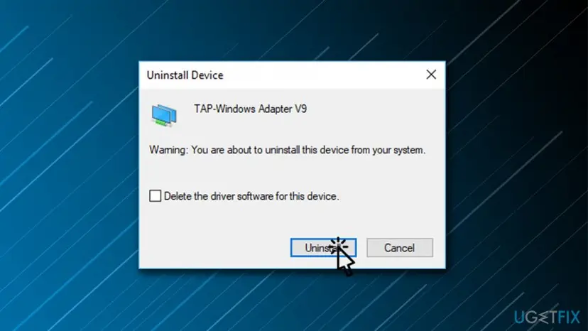 Uninstall Device dialog for TAP-Windows Adapter V9 with the Delete the driver software for this device box unticked and the Uninstall button