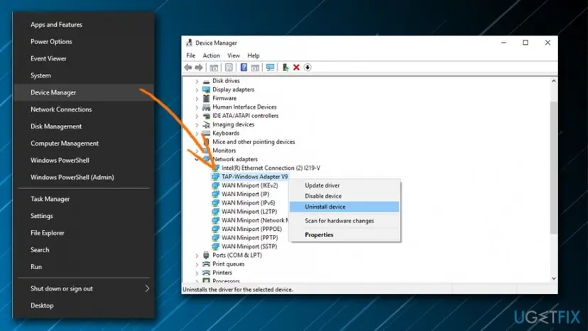 Device Manager opened from the Start button menu, Network adapters expanded, TAP-Windows Adapter V9 right-clicked with Uninstall device selected