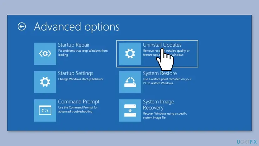 Windows recovery Advanced options screen with Startup Repair, Startup Settings, Command Prompt, Uninstall Updates, System Restore and System Image Recovery tiles