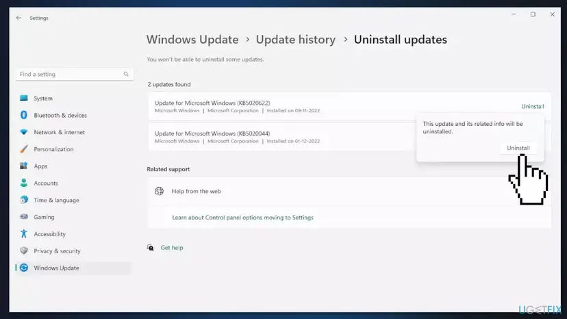 Windows 11 Settings on Windows Update, Update history, Uninstall updates, with two updates listed and the Uninstall confirmation open