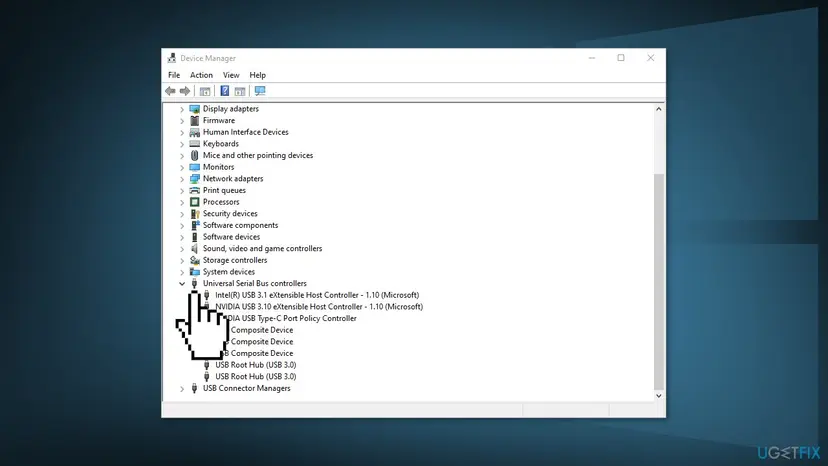 Device Manager with Universal Serial Bus controllers expanded, listing USB eXtensible Host Controllers, USB Composite Devices and USB Root Hub entries