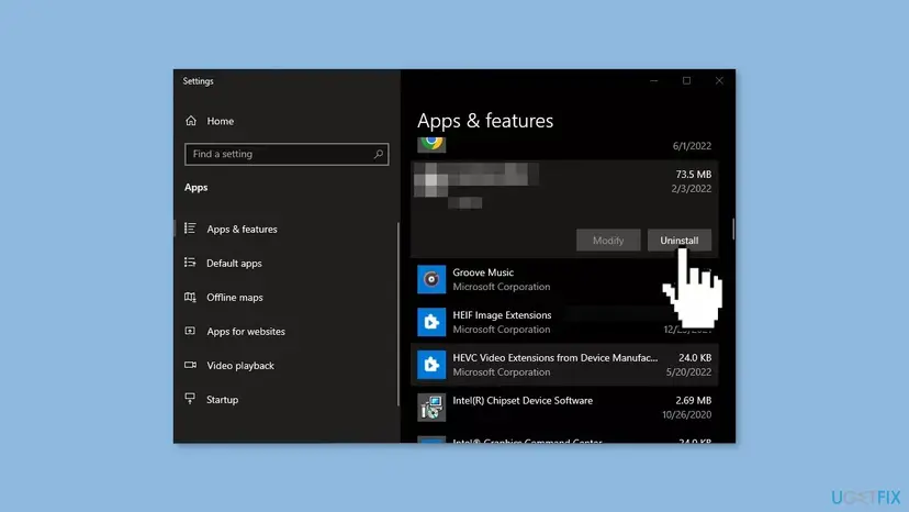 Windows 10 Settings Apps and features page with a hidden program selected and its Uninstall button