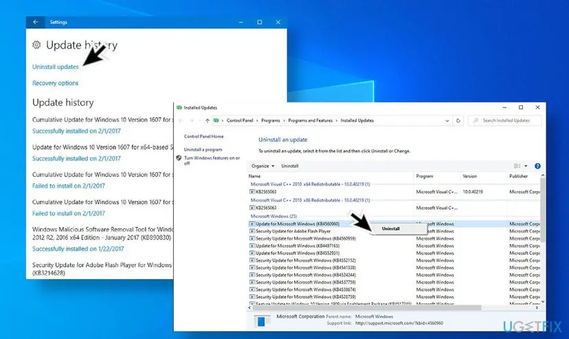 Uninstall updates from updates list