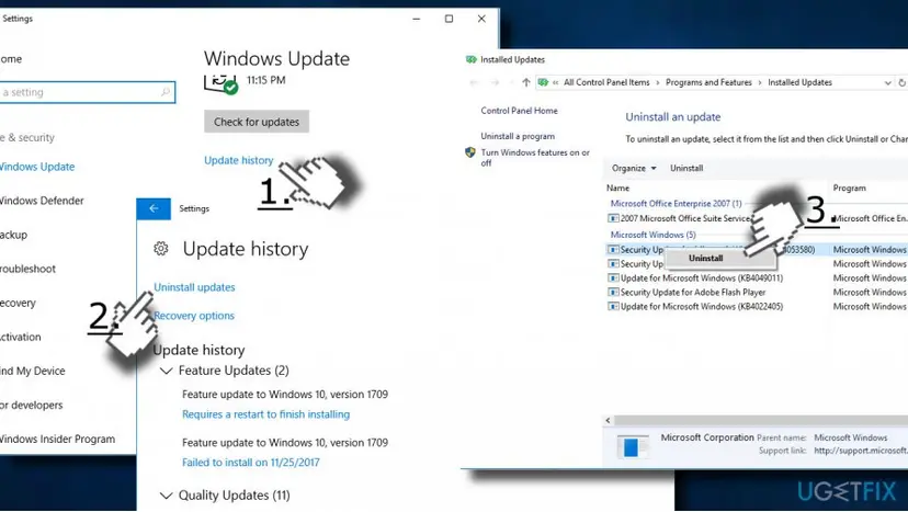 Windows 10 Settings Update history with Uninstall updates selected, and the Installed Updates list in Control Panel with Uninstall on a security update