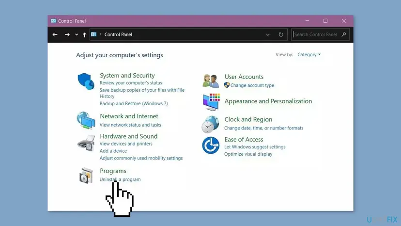 Control Panel in Category view with the Uninstall a program link under Programs, where a VPN client or network tool is removed
