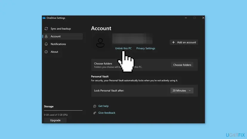 OneDrive Settings window, Account tab, with the Unlink this PC link under the account picture and the Add an account button on the right