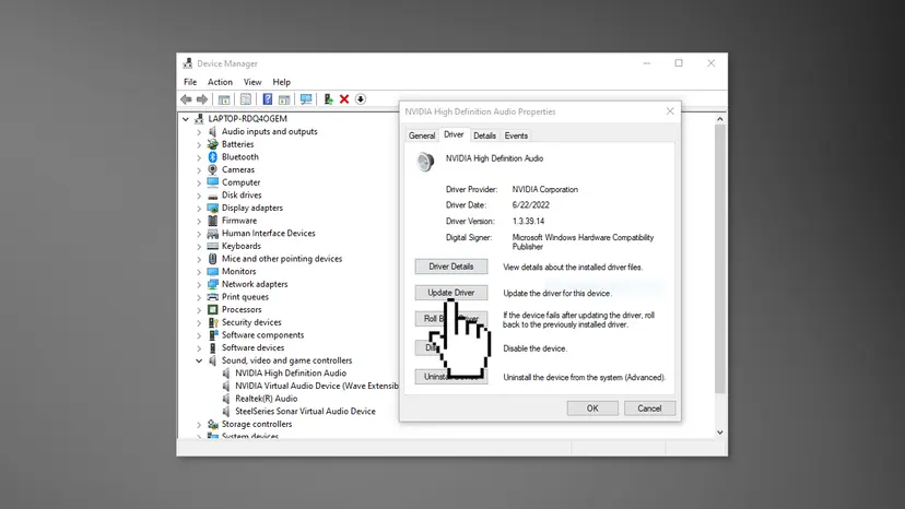 Device Manager with Sound, video and game controllers expanded and the Driver tab of an audio device open with Update Driver selected