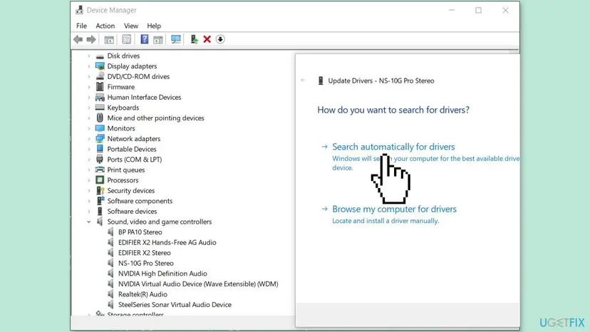 Update Drivers wizard opened over Device Manager in Windows 10