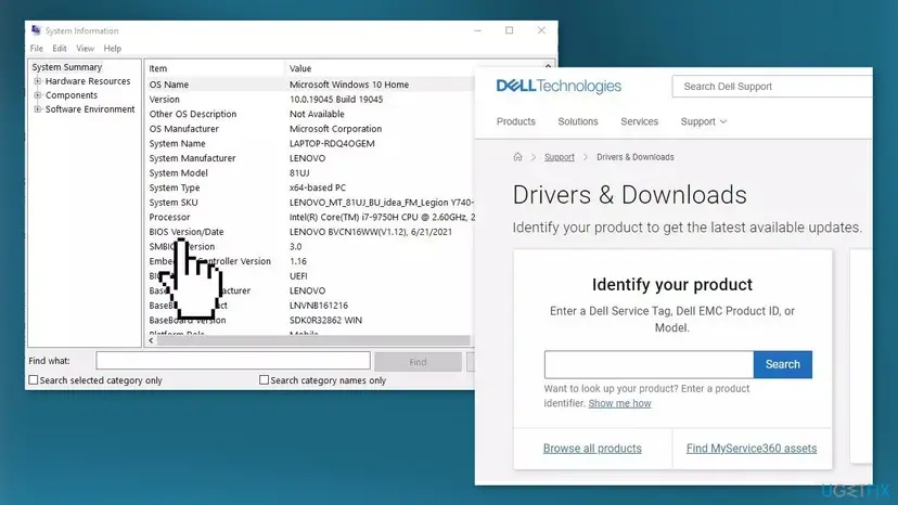 System Information window showing System Model and BIOS Version/Date next to a PC maker's Drivers and Downloads page where the product is identified
