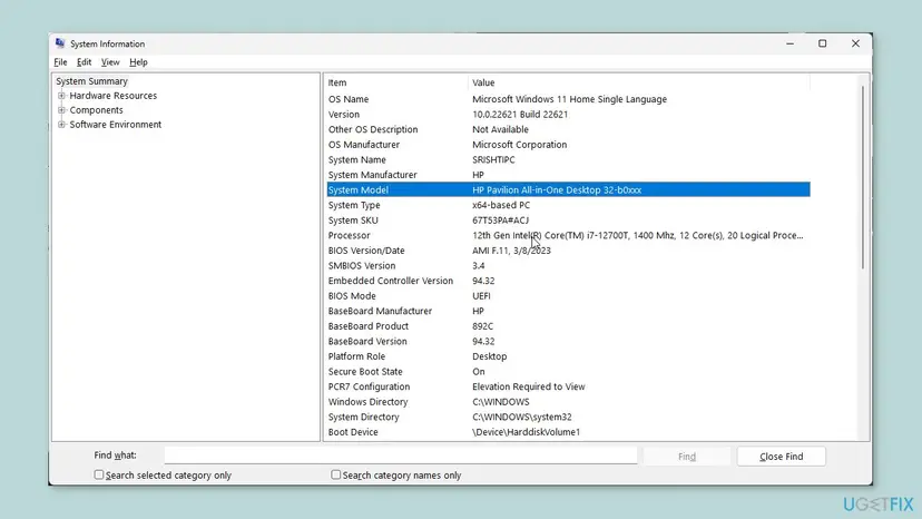 System Information window on Windows 11 with System Manufacturer, System Model and BIOS Version/Date listed in the System Summary