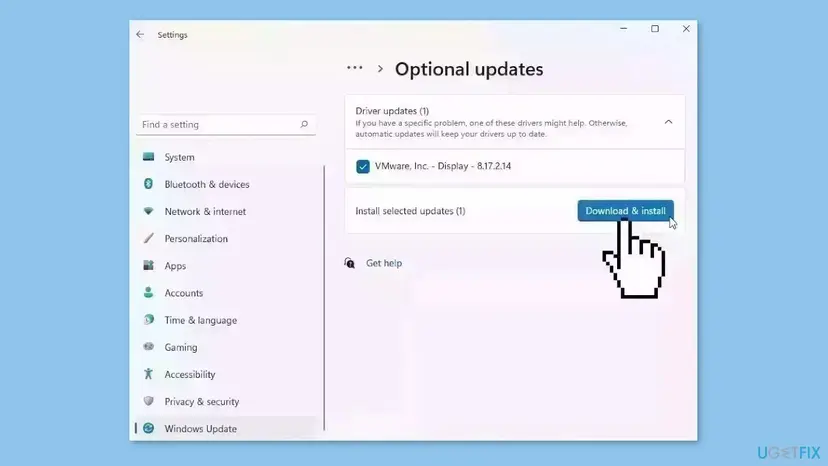 Windows Update Optional updates window showing the Download and install button for a driver update