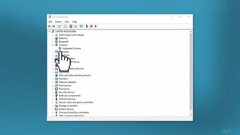 Device Manager on Windows 10 with the Cameras category expanded and the Integrated Camera entry listed under it