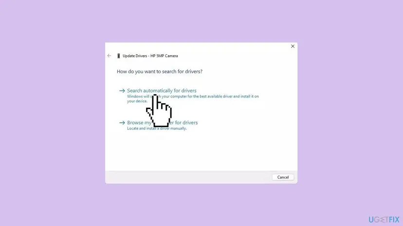 Update Drivers window for an HP 5MP Camera on Windows 11 with the choices Search automatically for drivers and Browse my computer for drivers