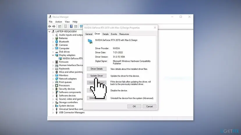 Device Manager with Display adapters expanded and the Driver tab of an NVIDIA GeForce RTX 2070 open, the Update Driver button marked