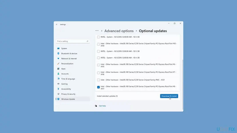 Windows 11 Settings at Windows Update, Advanced options, Optional updates with a list of Intel driver updates and the Download and install button