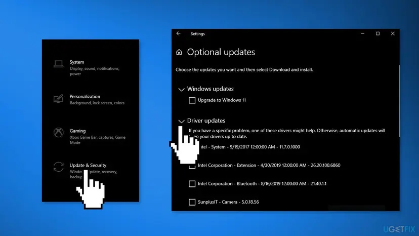 Windows Update Optional updates page with the Driver updates list and checkboxes next to the available drivers