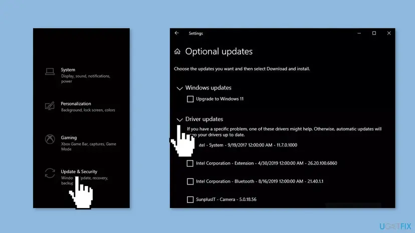 Windows 10 Settings with Update and Security selected and the Optional updates page listing driver updates from Intel and other makers