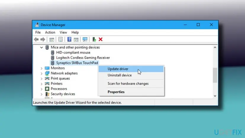 Windows 10 Device Manager with the touchpad entry right-clicked and Update driver selected under Mice and other pointing devices