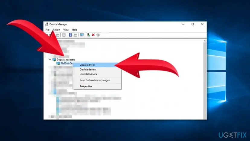 Device Manager with Display adapters expanded and the right-click menu of an NVIDIA graphics card open at Update driver