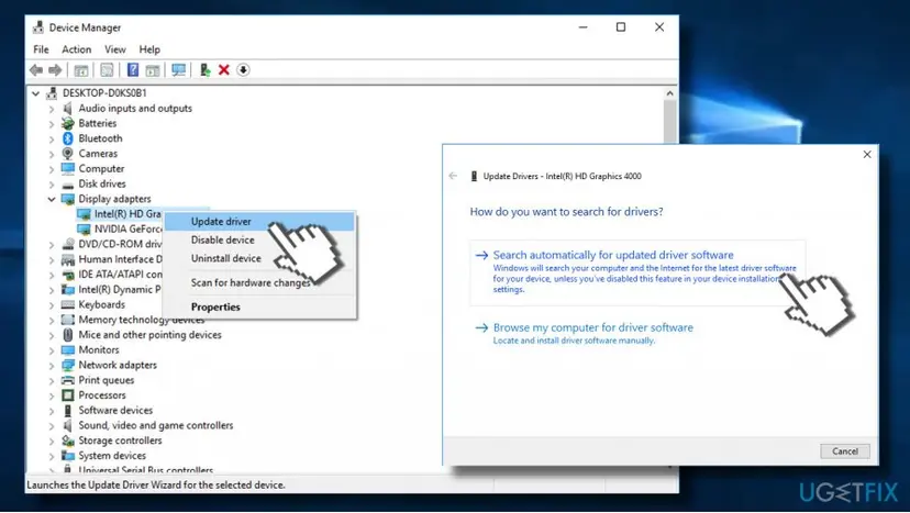 Device Manager with Display adapters expanded, a graphics card right-clicked and the Update driver window open