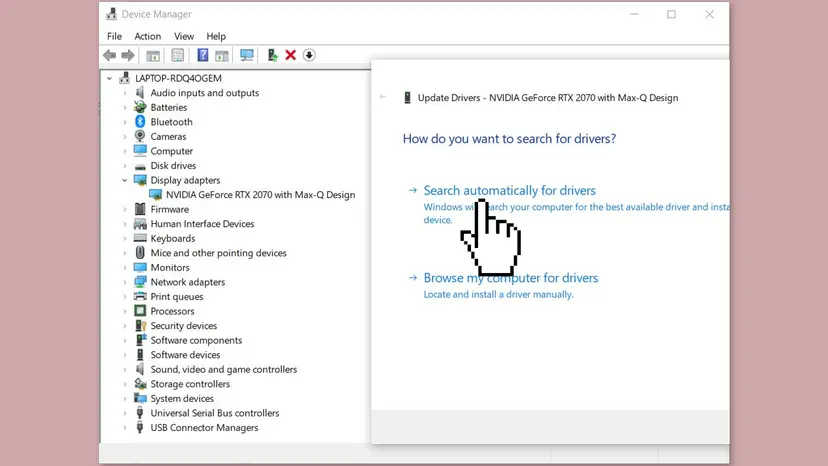 Device Manager with Display adapters expanded on an NVIDIA GeForce RTX 2070 and the Update Drivers window offering Search automatically for drivers