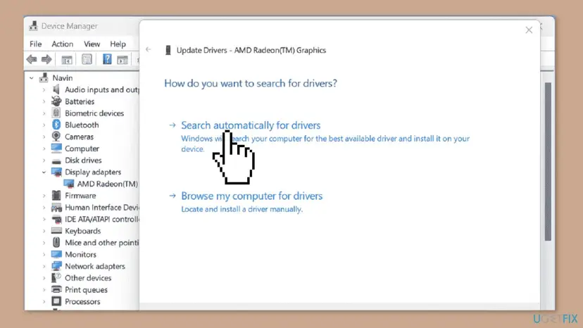 Device Manager with Display adapters expanded and the Update Drivers window offering Search automatically for drivers or Browse my computer for drivers