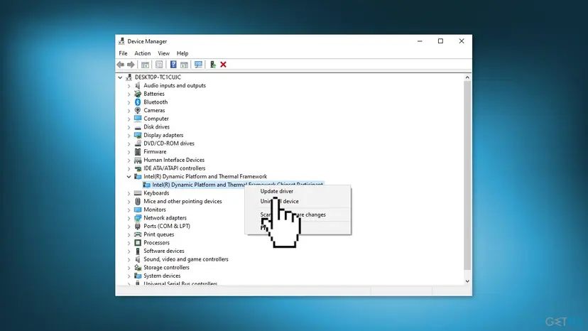 Device Manager with the Intel(R) Dynamic Platform and Thermal Framework group expanded and the right-click menu of the Chipset Participant entry showing Update driver and Uninstall device