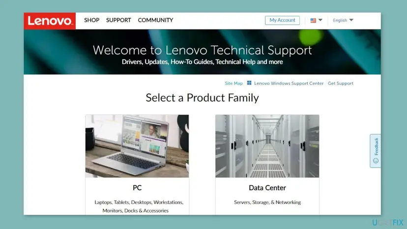 Lenovo Technical Support start page with the PC product family, where docks and accessories are listed for driver and firmware downloads