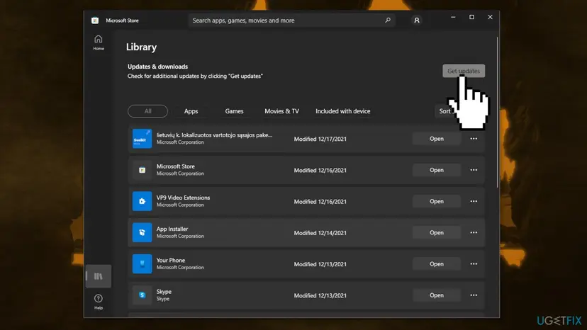 Microsoft Store Library page in Windows 11 with the Get updates button highlighted above the list of installed apps