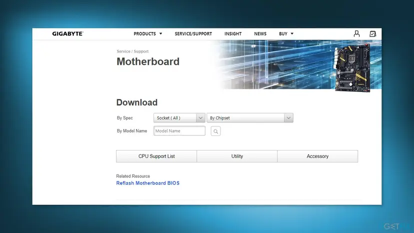 Gigabyte support page for motherboards with the Download area, a search box by model name and links to the CPU support list, utilities and the Reflash Motherboard BIOS resource