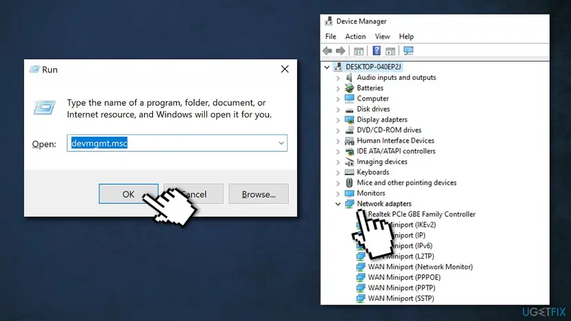 Run dialog with devmgmt.msc typed in, next to Device Manager with the Network adapters category expanded and a Realtek network entry selected
