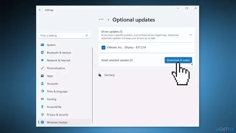 Windows 11 Settings, Windows Update, Optional updates page with Driver updates expanded and the Download and install button