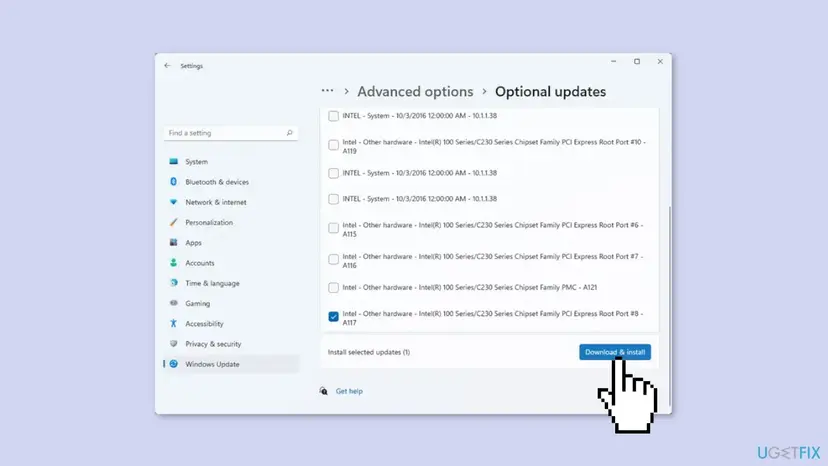 Windows 11 Settings on Windows Update, Advanced options, Optional updates, with a driver ticked and the Download and install button