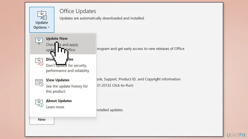 Office Account screen with the Update Options menu open, showing Update Now, Disable Updates, View Updates and About Updates