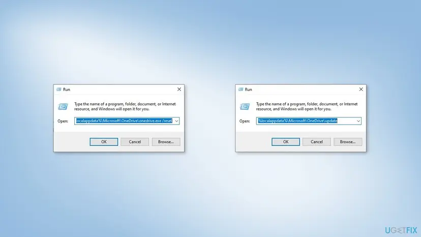 Two Windows 10 Run dialogs, the left one with the OneDrive reset command onedrive.exe /reset in the Open box